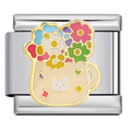 Silver charm with floral design and rabbit illustration on a white background