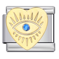 Gold heart-shaped charm with eye design and blue gemstone on a silver background