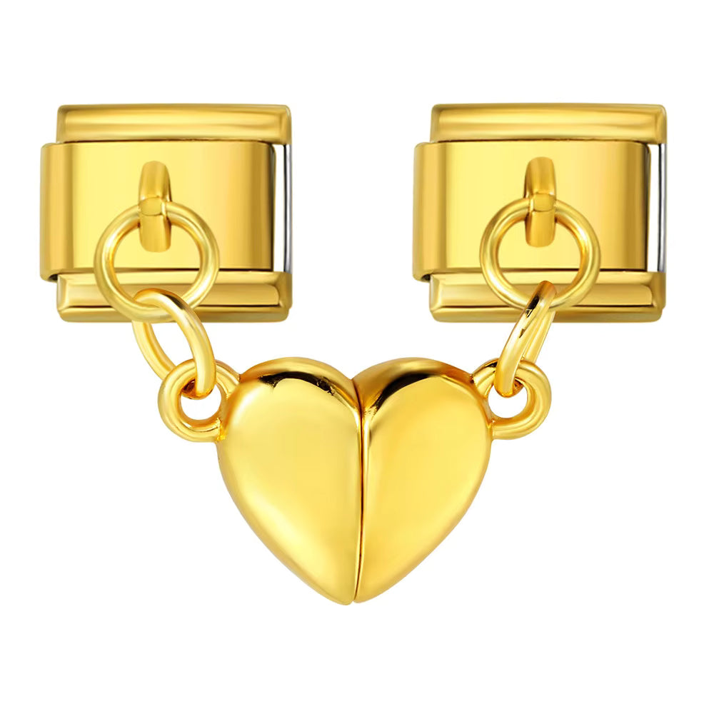 Gold magnetic heart-shaped cufflinks on a white background