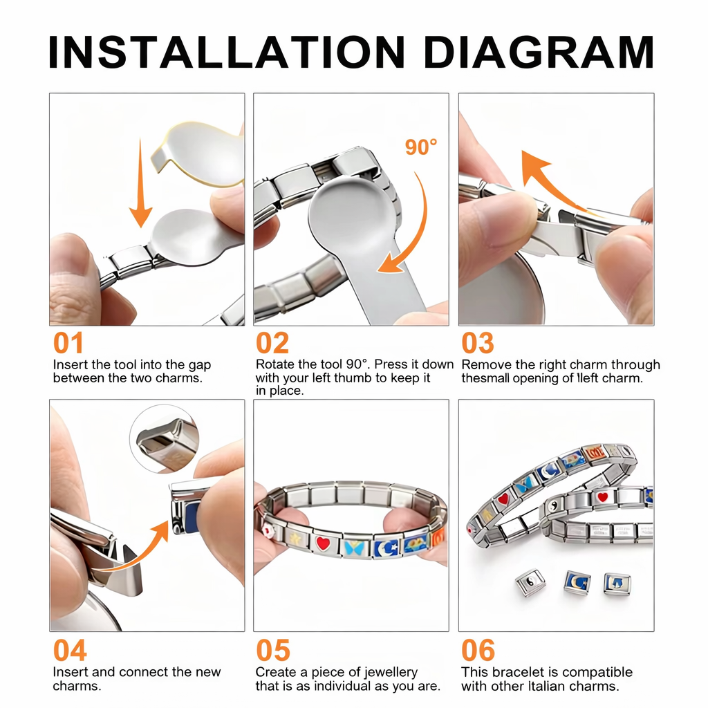 Step-by-step installation diagram for Italian Charm Bracelet