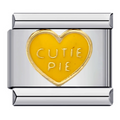 Gold heart-shaped charm with 'CUTIE PIE' text on a silver frame.