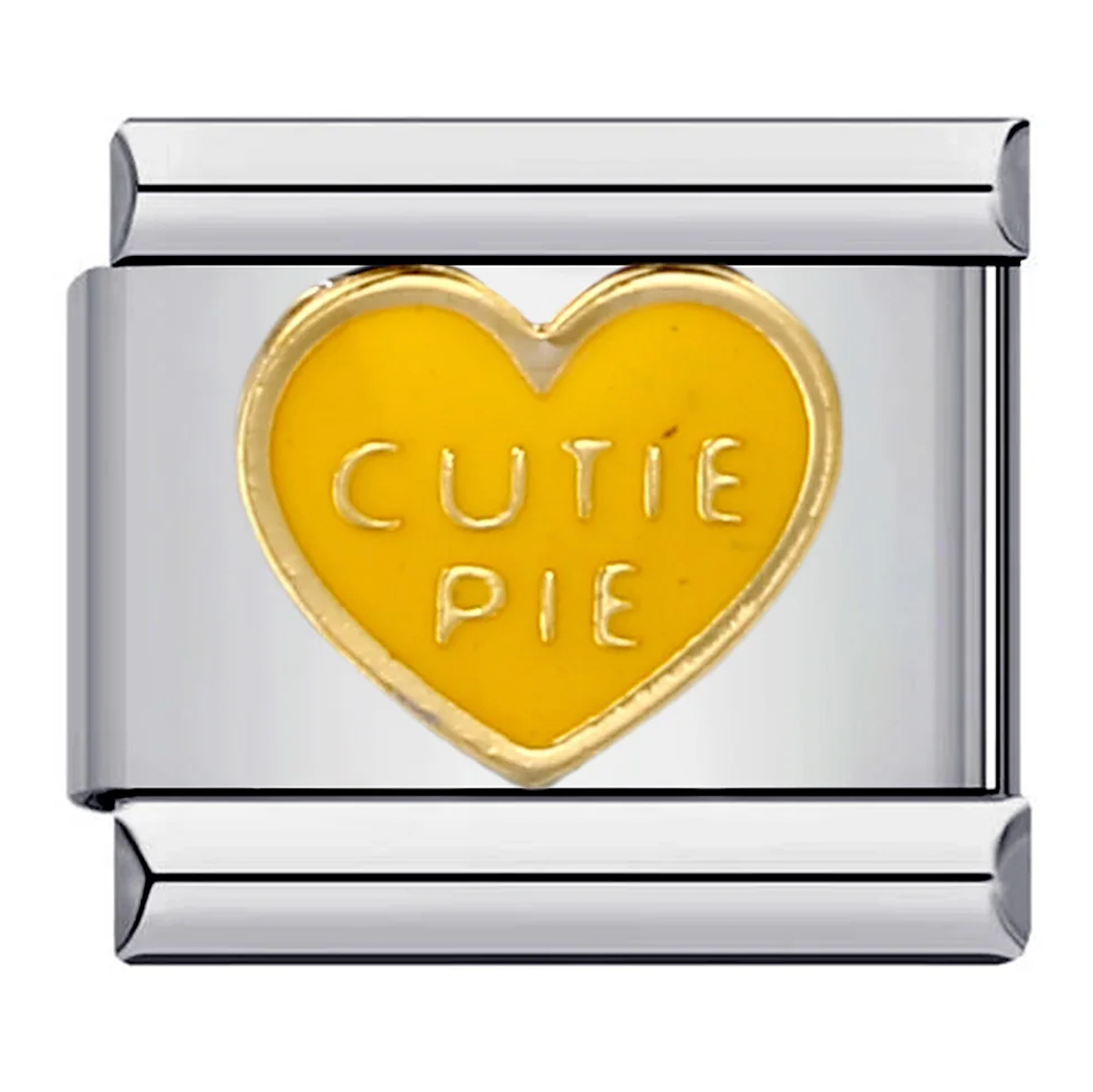 Gold heart-shaped charm with 'CUTIE PIE' text on a silver frame.