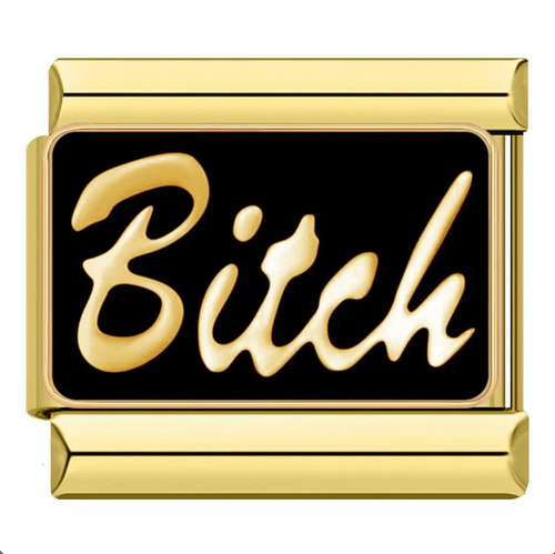 Gold charm with the word 'Bitch' on a black background