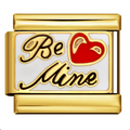 Gold charm with 'Be Mine' text and red heart on a white background