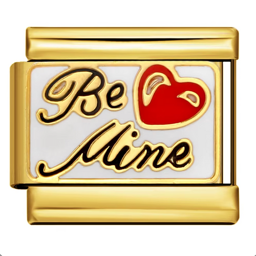 Gold charm with 'Be Mine' text and red heart on a white background