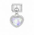 Silver charm with a heart-shaped opal stone on a white background