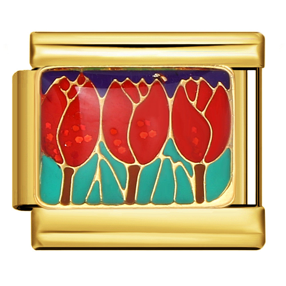 Gold charm with red tulip design on a white background