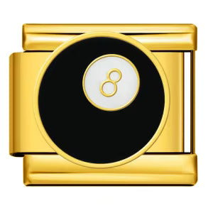 Gold-framed black circle with number 8 on a white background
