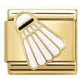 Gold charm with a white badminton design on a white background