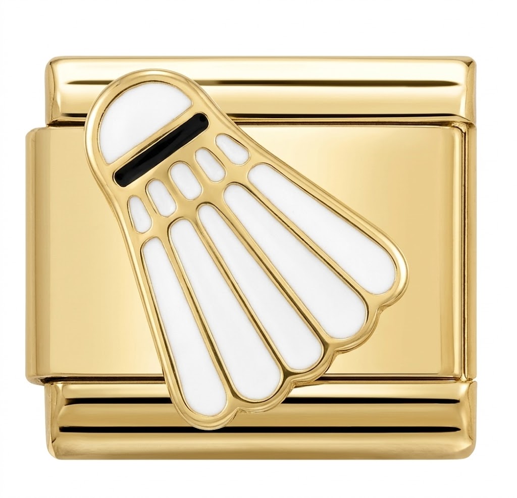 Gold charm with a white badminton design on a white background