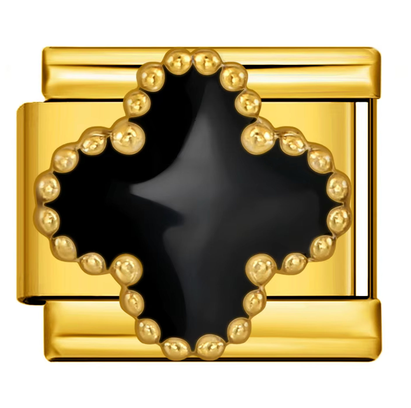 Gold charm with a black clover center on a white background