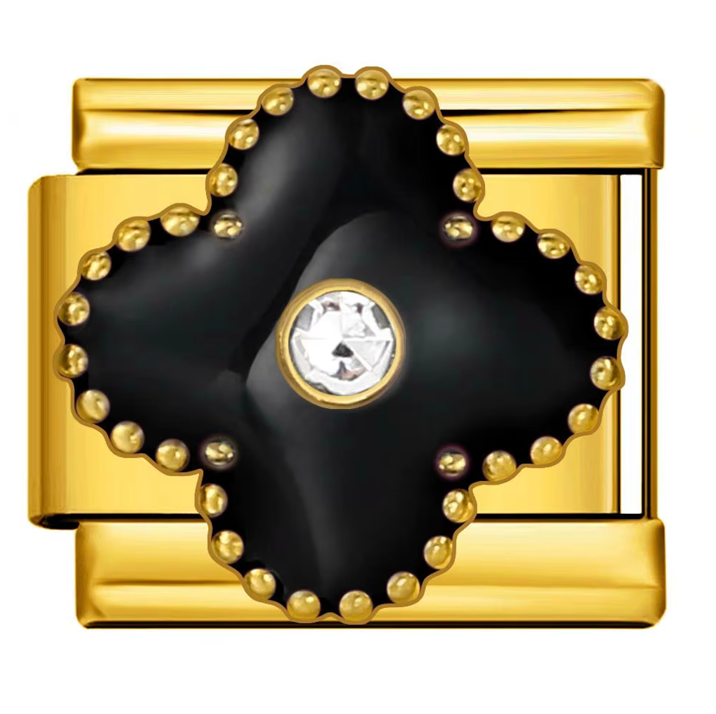 Gold and black decorative item with a central gemstone on a white background