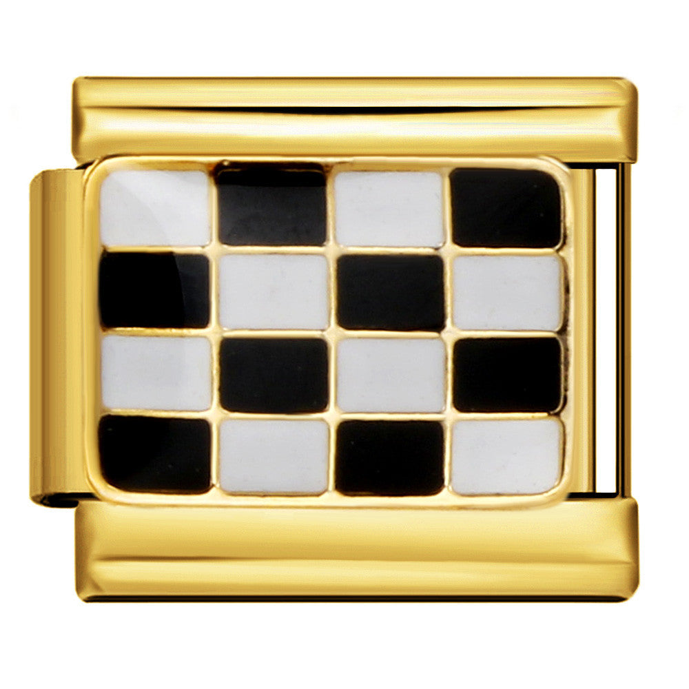 Gold charm with a black and white checkered pattern on a white background