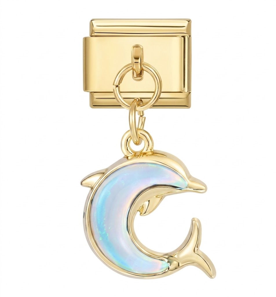 Gold charm with a dolphin design on a white background