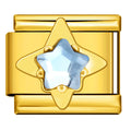 Gold charm with a star-shaped blue gemstone on a white background