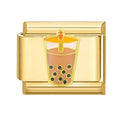 Gold charm with a bubble tea design on a white background