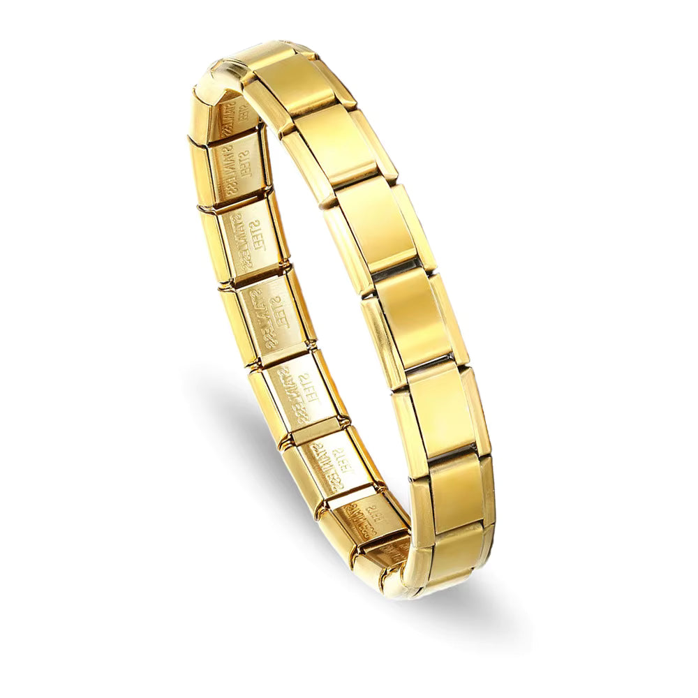 Gold Italian charm bracelet on a white background