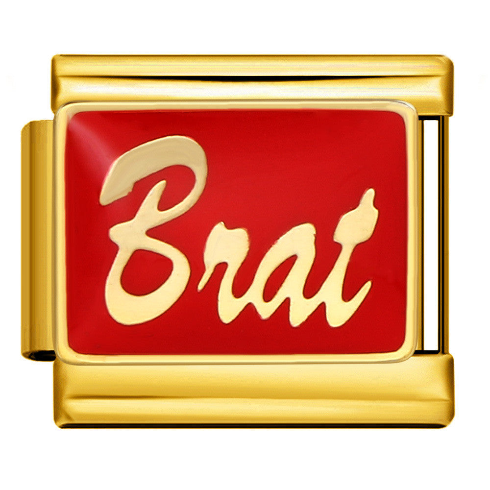 Gold charm with red background and 'Brat' text
