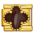 Gold bracelet charm with a dark brown clover central stone on a white background