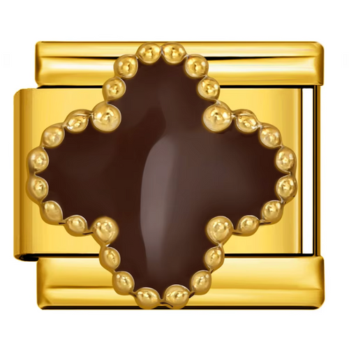 Gold bracelet charm with a dark brown clover central stone on a white background