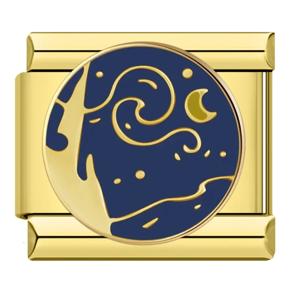 Gold charm with blue celestial and castle design on a white background