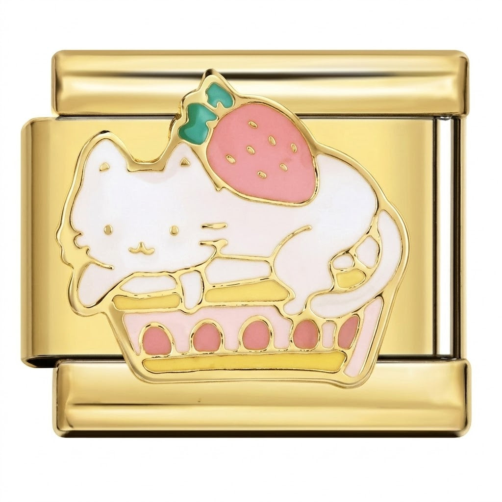 Gold charm with a white cat, pink strawberry, and pink paw prints on a white background