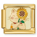 Gold charm with a cat holding a sunflower on a white background