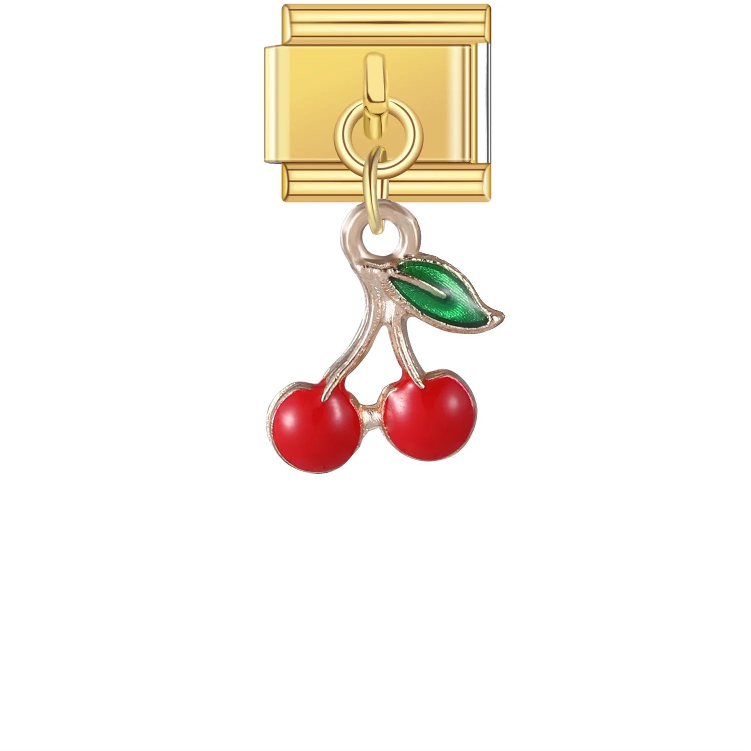 Gold charm with red cherries and a green leaf on a white background