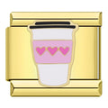 Gold charm with a pink and white coffee cup design on a white background