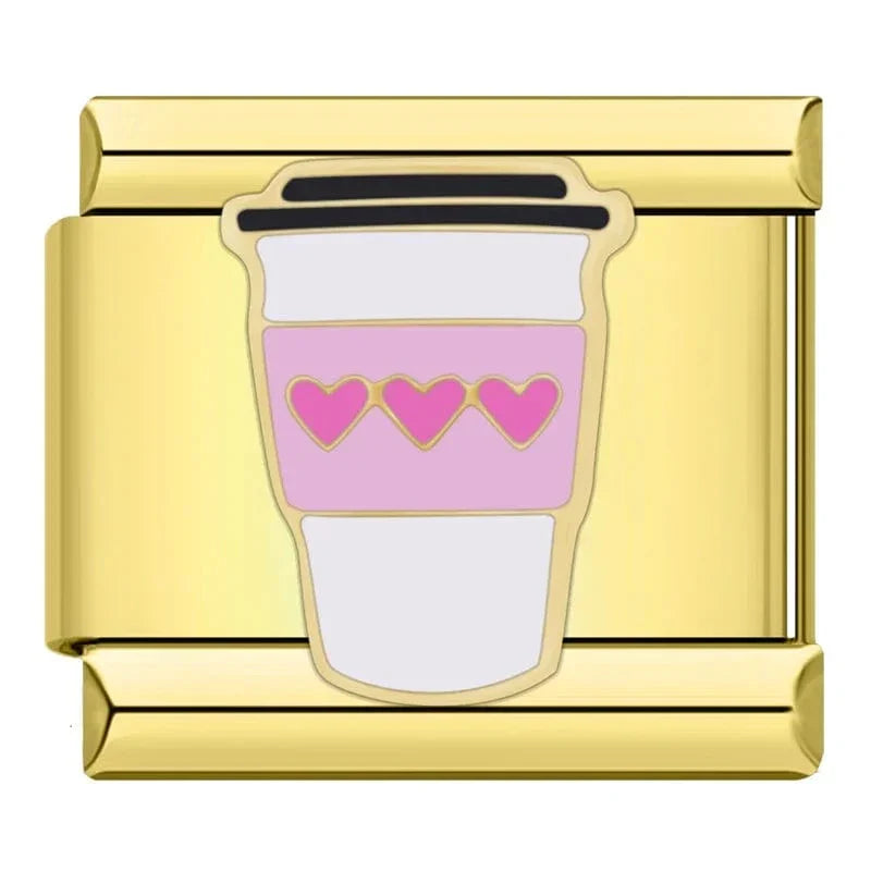 Gold charm with a pink and white coffee cup design on a white background
