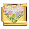 Gold charm with a heart design featuring flowers on a white background