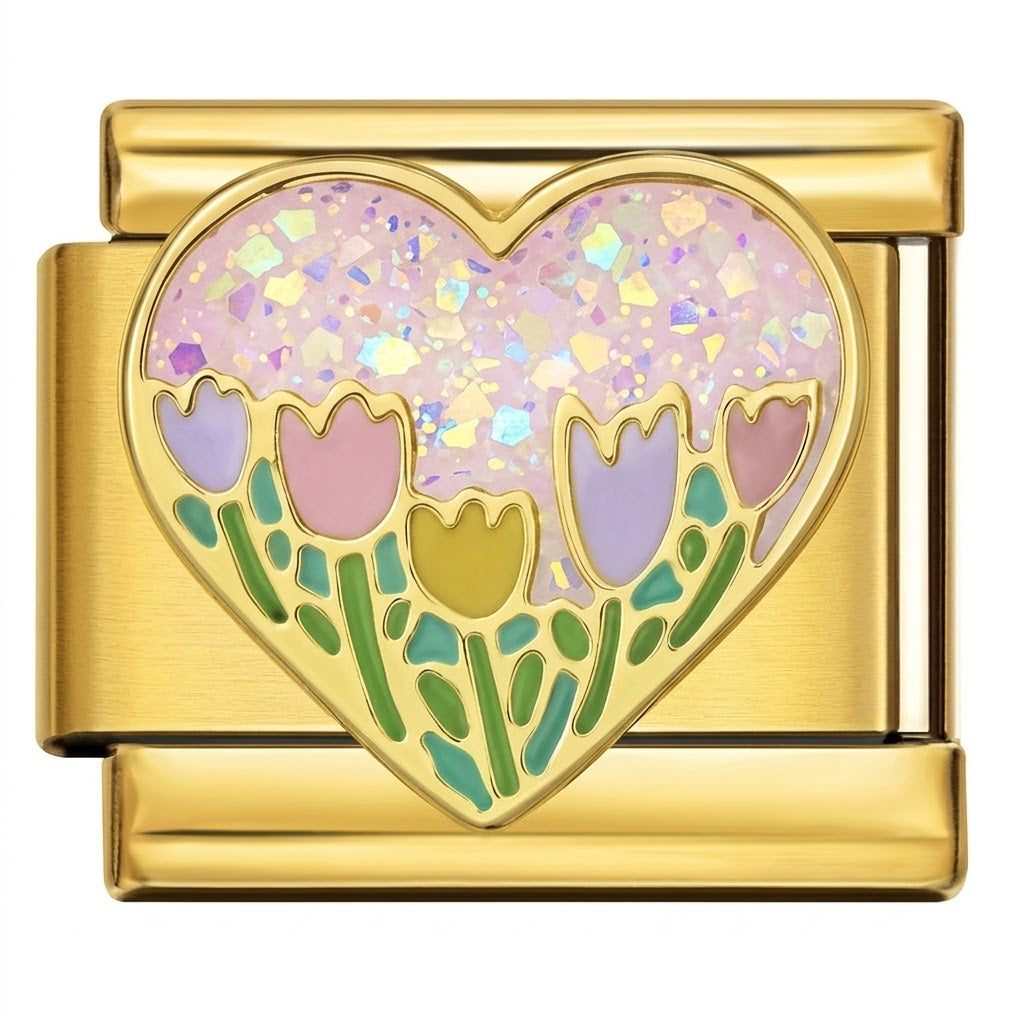 Gold charm with a heart design featuring flowers on a white background