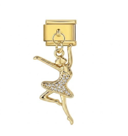 Gold charm with a ballerina design on a white background