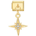 Gold charm with star design and embedded stones on a white background
