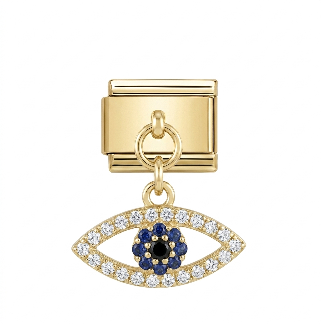 Gold charm with evil eye design featuring blue gemstone and clear stones on a white background