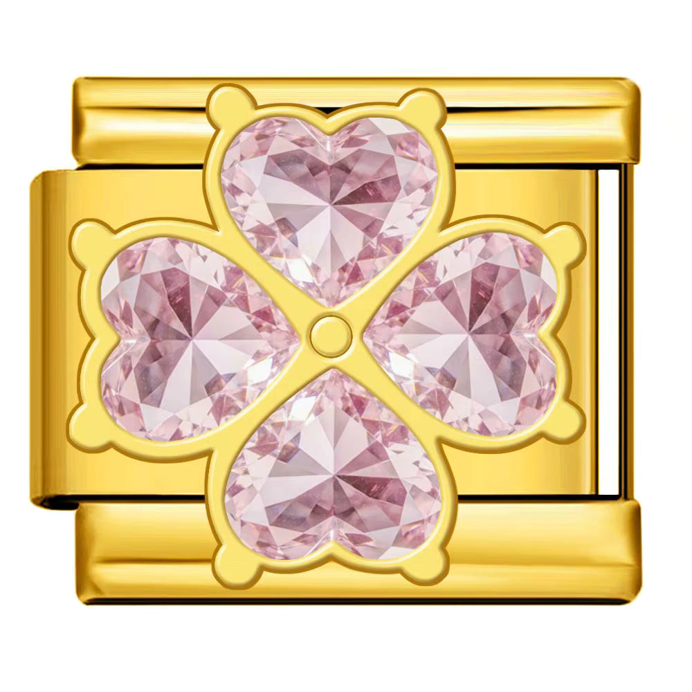 gold charm with pink crystal clover