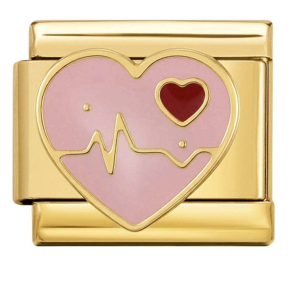Gold charm with a pink heart design featuring a heartbeat line and red heart on a white background