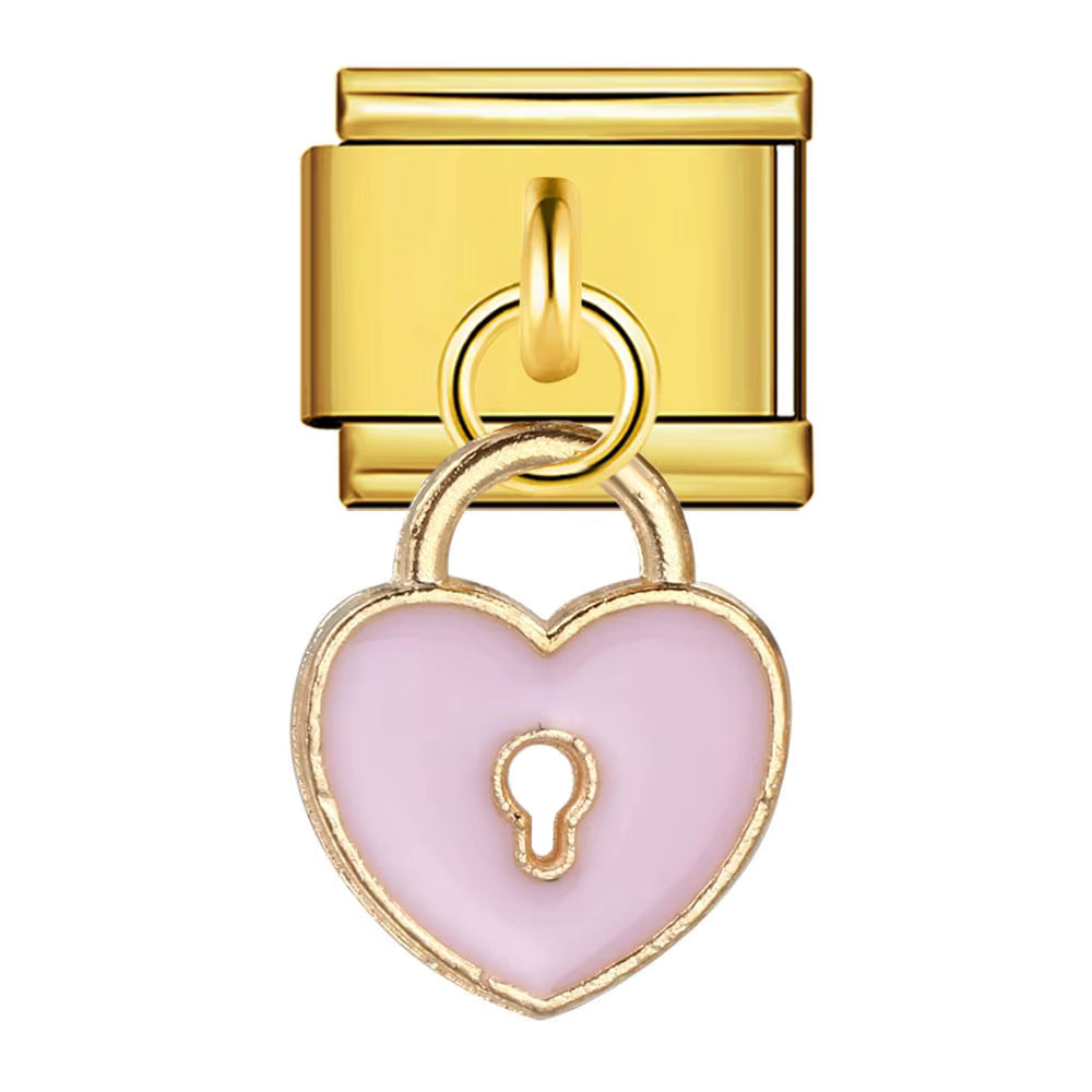 Gold charm with a pink heart-shaped lock on a white background