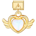 Gold heart-shaped pendant with wings on a white background