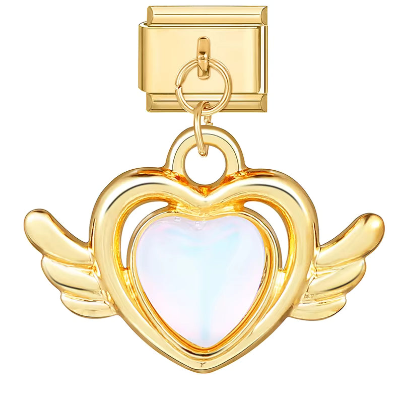 Gold heart-shaped pendant with wings on a white background