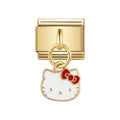 Gold dangle charm with a Hello Kitty face and red bow on a white background