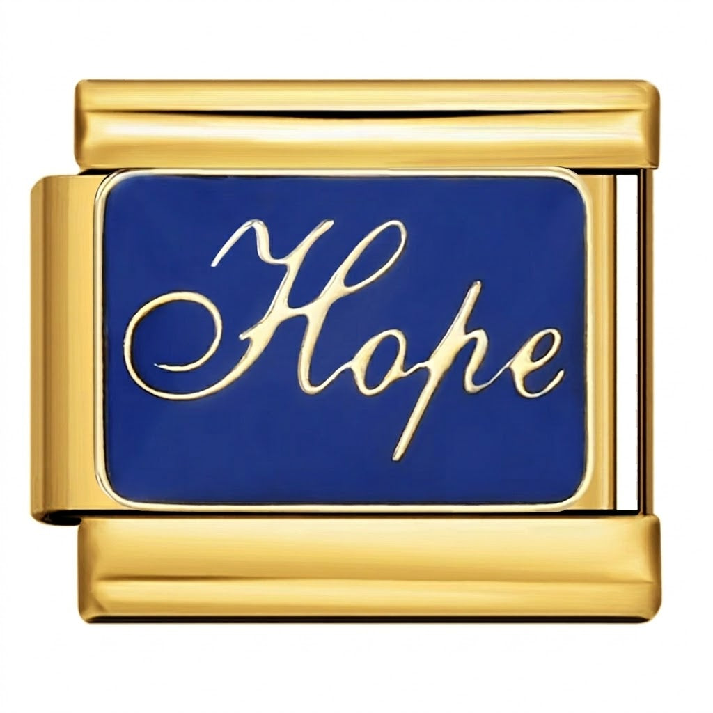 Gold charm with 'Hope' on a blue background