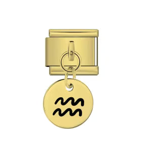 Gold charm with Aquarius symbol on a white background