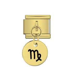 Gold charm with a Scorpio symbol on a white background