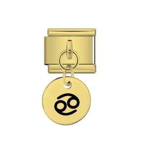 Gold charm with a circular pendant featuring a black astrological symbol on a white background