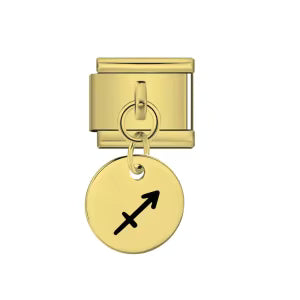 Gold charm with a black arrow symbol on a white background