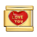Gold charm with a red heart-shaped enamel insert displaying 'I LOVE YOU' on a white background