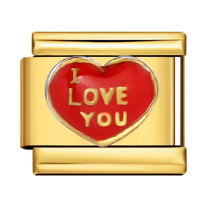 Gold charm with a red heart-shaped enamel insert displaying 'I LOVE YOU' on a white background