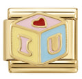 Gold charm with 'I love you' text and red heart on a white background