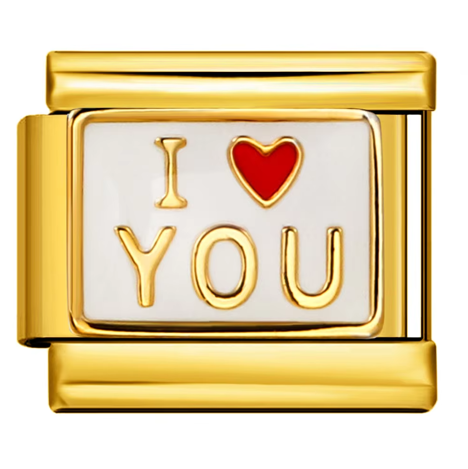 Gold charm with 'I ❤️ YOU' text on a white background